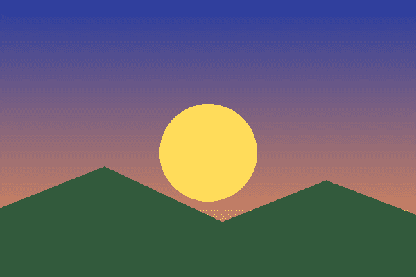 A GIF sunset badge reduced to 16 colours with dithering: a blue-to-orange sky made of scattered dots, a yellow sun and green hills