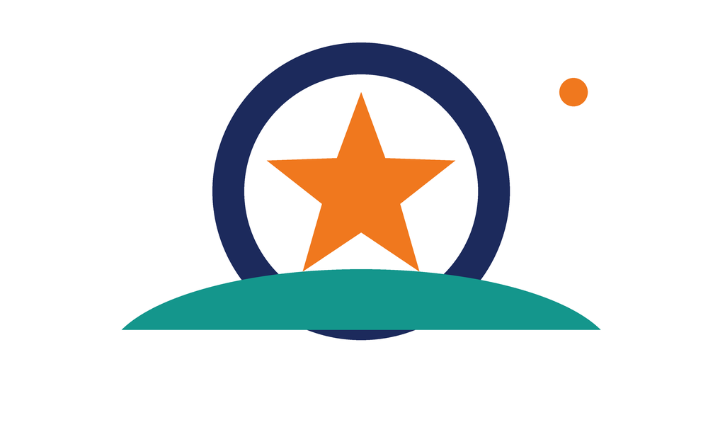 A test logo on white: a navy ring around an orange five-pointed star, a teal swoosh across the bottom of the ring and a small orange dot