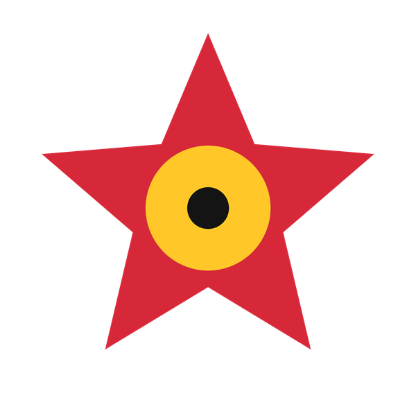 Decal design: a red five-point star with a yellow circle and a black dot in the centre, on a transparent background