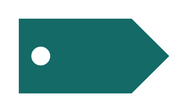 Teal gift tag with a pointed right end and an enclosed round hole, on a transparent background
