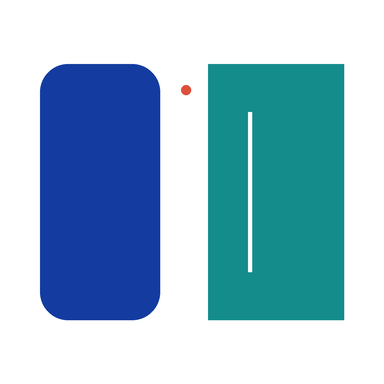 Reference artwork: rounded navy block, coral dot and teal block with a thin white slit