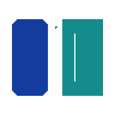 Nearest-neighbor 4× trace. The gap and a dot return, but the dot is misshapen and blue-green. Outer edges show steps.